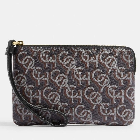 Coach Corner Zip Wristlet CF458 Black Monogram Print Coated Canvas Pouch Bag - Picture 2 of 9